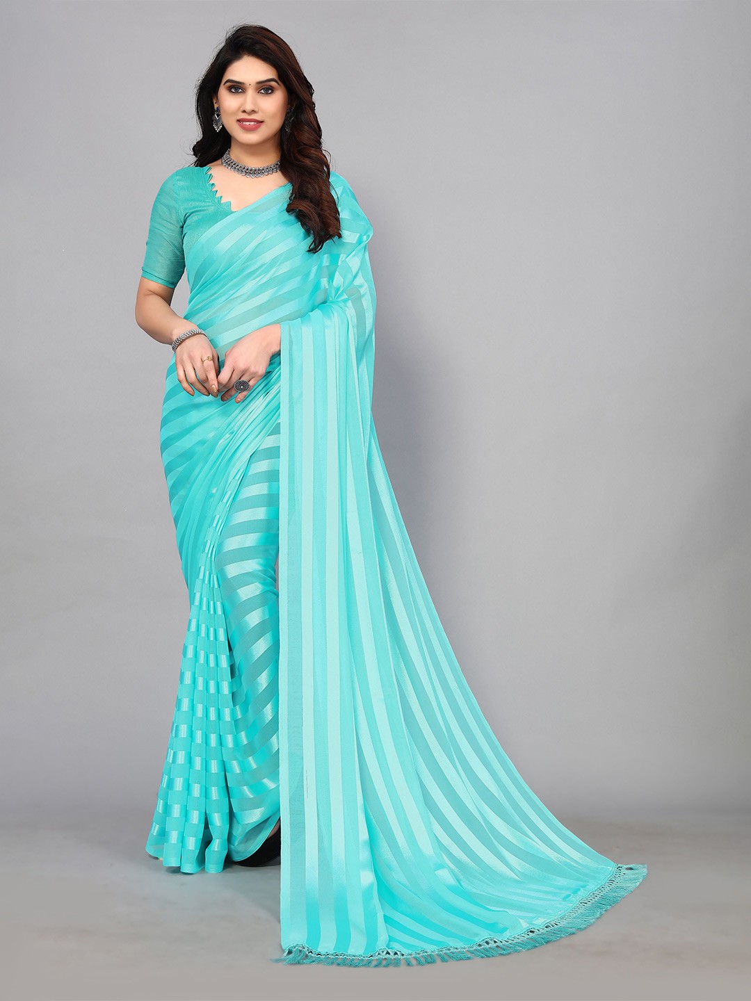 

ANAND SAREES Striped Satin Saree, Blue