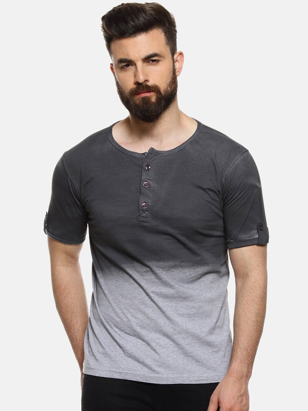 

Campus Sutra Charcoal Relaxed Fit Ombre Henley Neck Cotton T-shirt