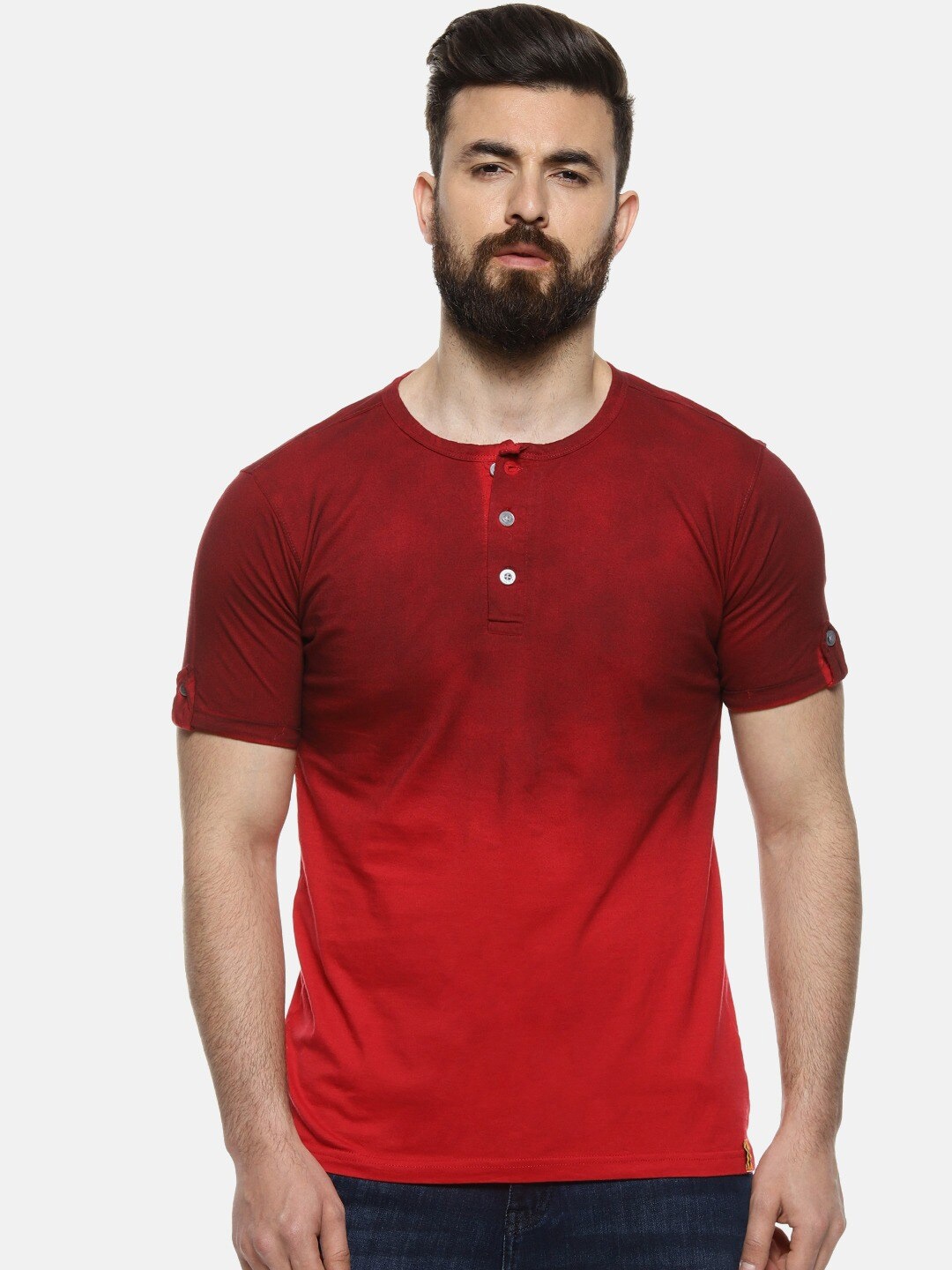 

Campus Sutra Maroon Henley Neck Relaxed Fit Ombre Casual Cotton T-shirt