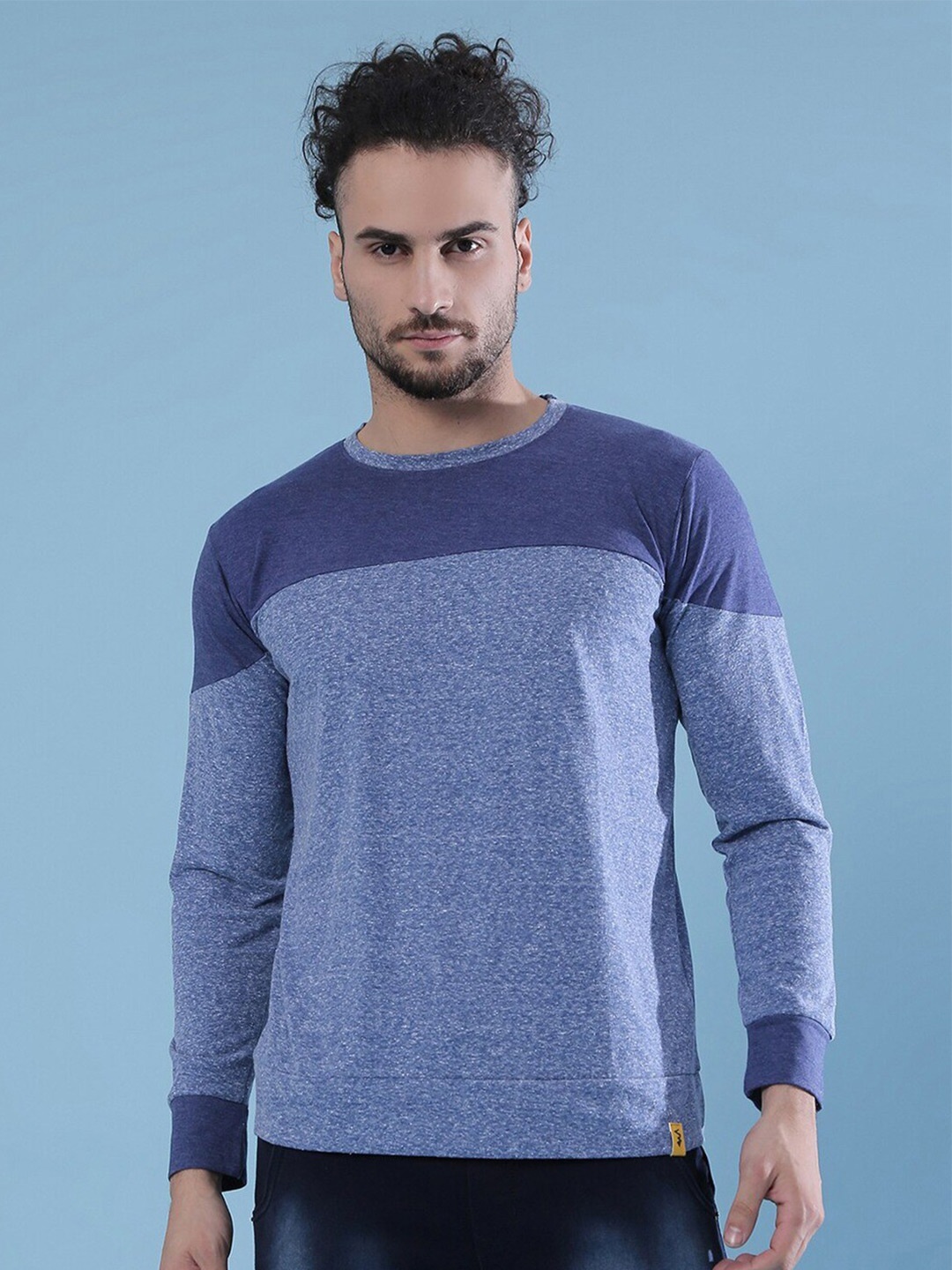 

Campus Sutra Blue Colourblocked Relaxed Fit Casual Cotton T-shirt