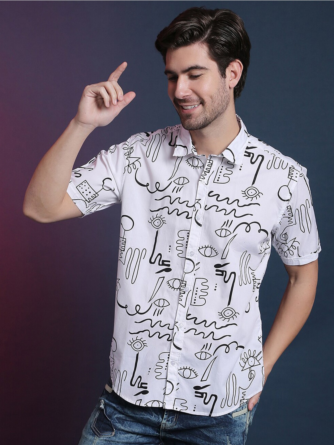 

Campus Sutra White Classic Abstract Printed Cotton Casual Shirt