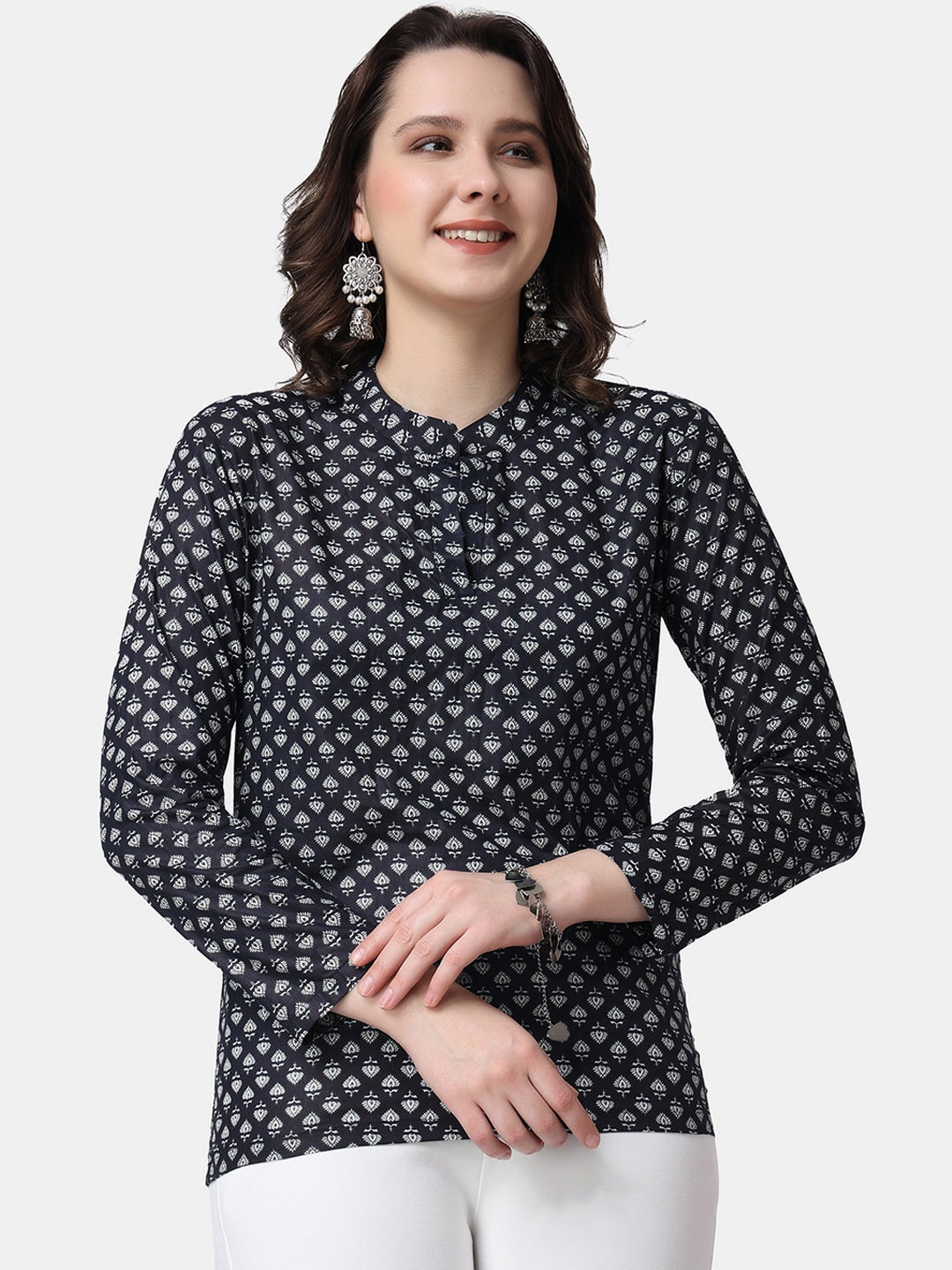 

Popwings Ethnic Motifs Printed Pure Cotton Top, Black