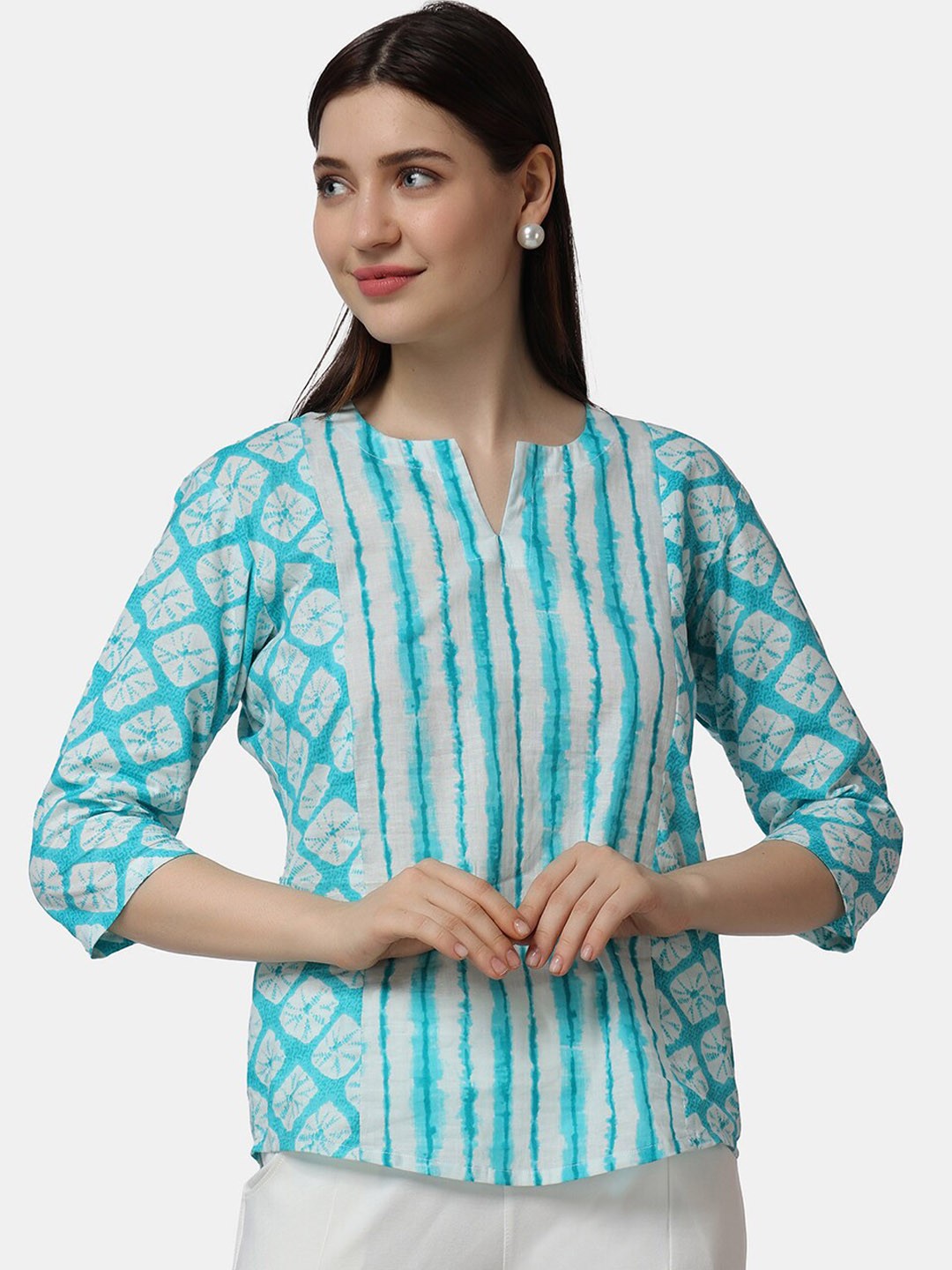 

Popwings Ethnic Motifs Printed Pure Cotton Top, Blue