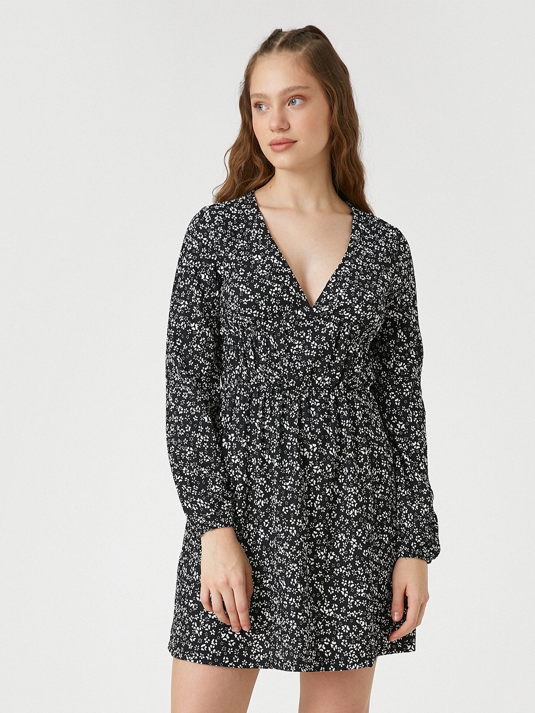 

Koton Floral Printed V-Neck Puff Sleeves Fit & Flare Mini Dress, Black