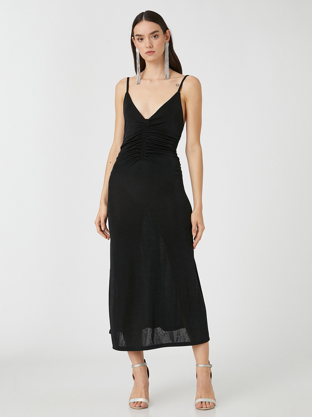 

Koton V-Neck A-Line Midi Dress, Black