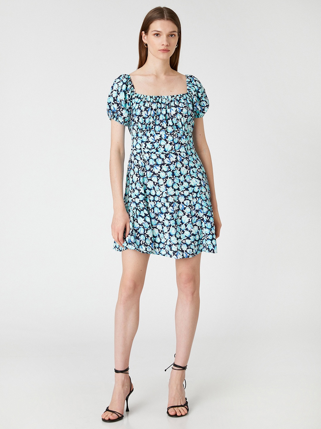 

Koton Floral Printed Puff Sleeves Fit & Flare Mini Dress, Blue