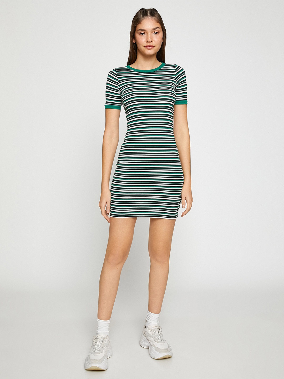 

Koton Striped Round Neck Bodycon Mini Dress, Green