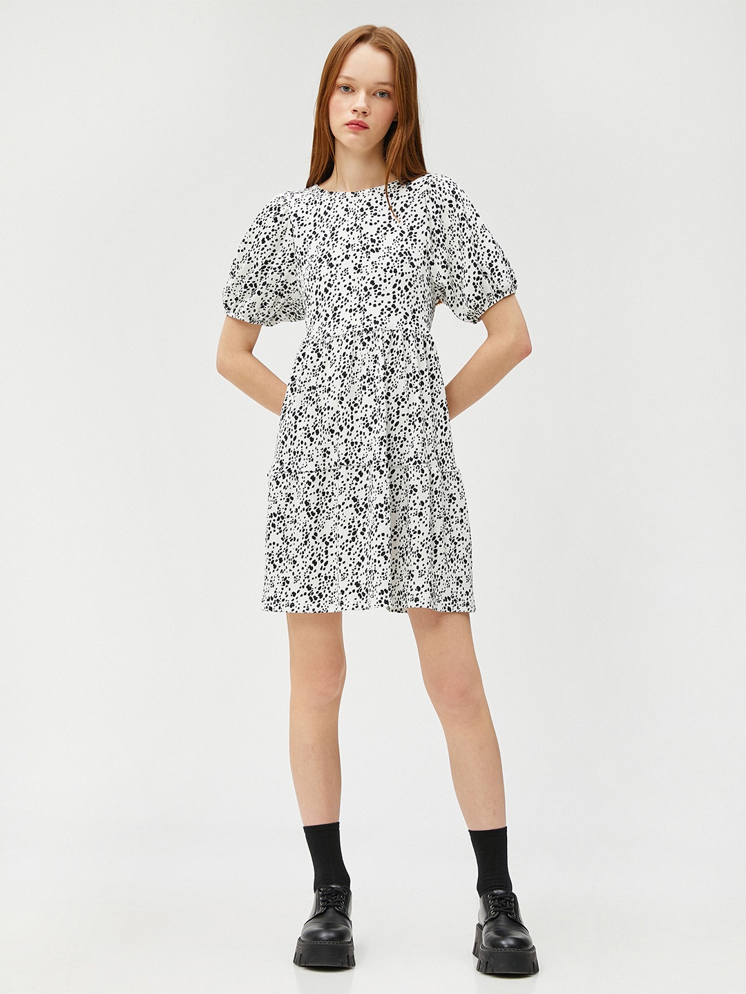 

Koton Printed Puff Sleeve Fit & Flare Dress, Off white