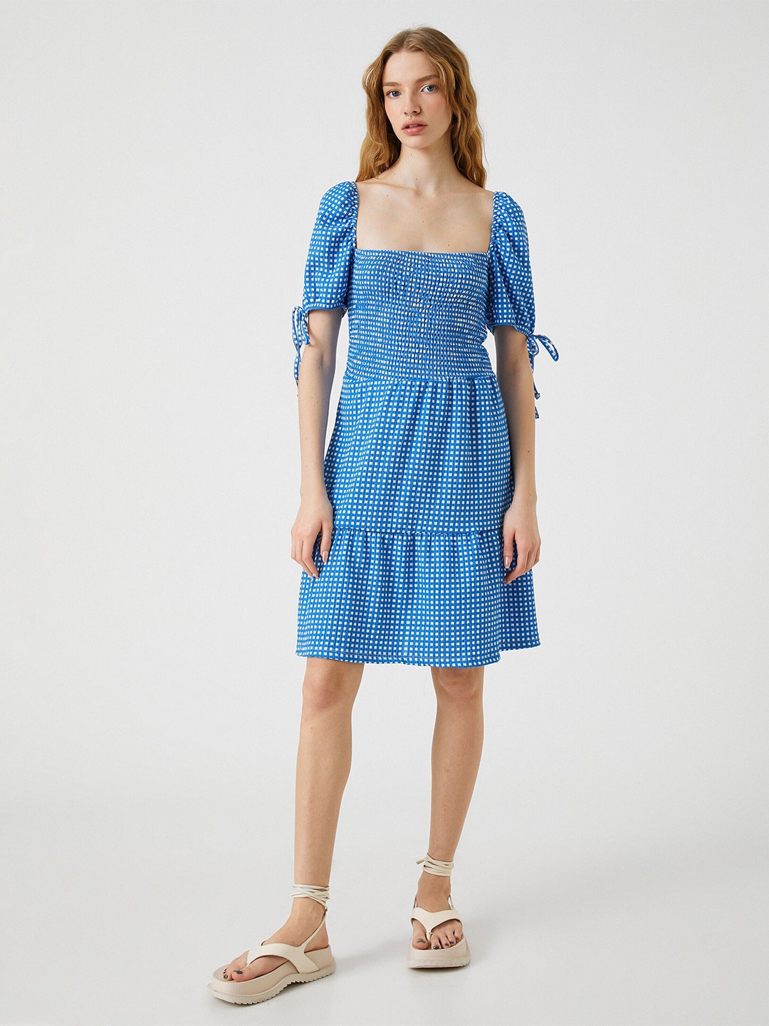 

Koton Printed Square Neck Gimped Puff Sleeves Smocked A-Line Dress, Blue