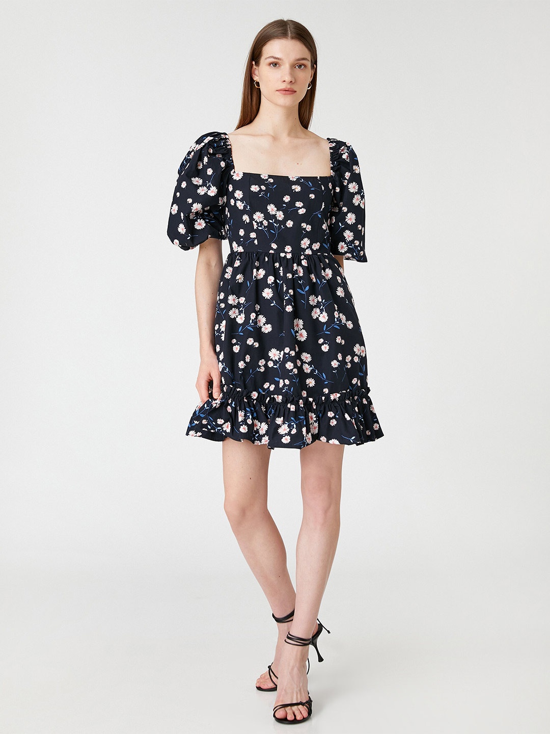 

Koton Floral Printed Square Neck Puff Sleeves Fit & Flare Dress, Navy blue