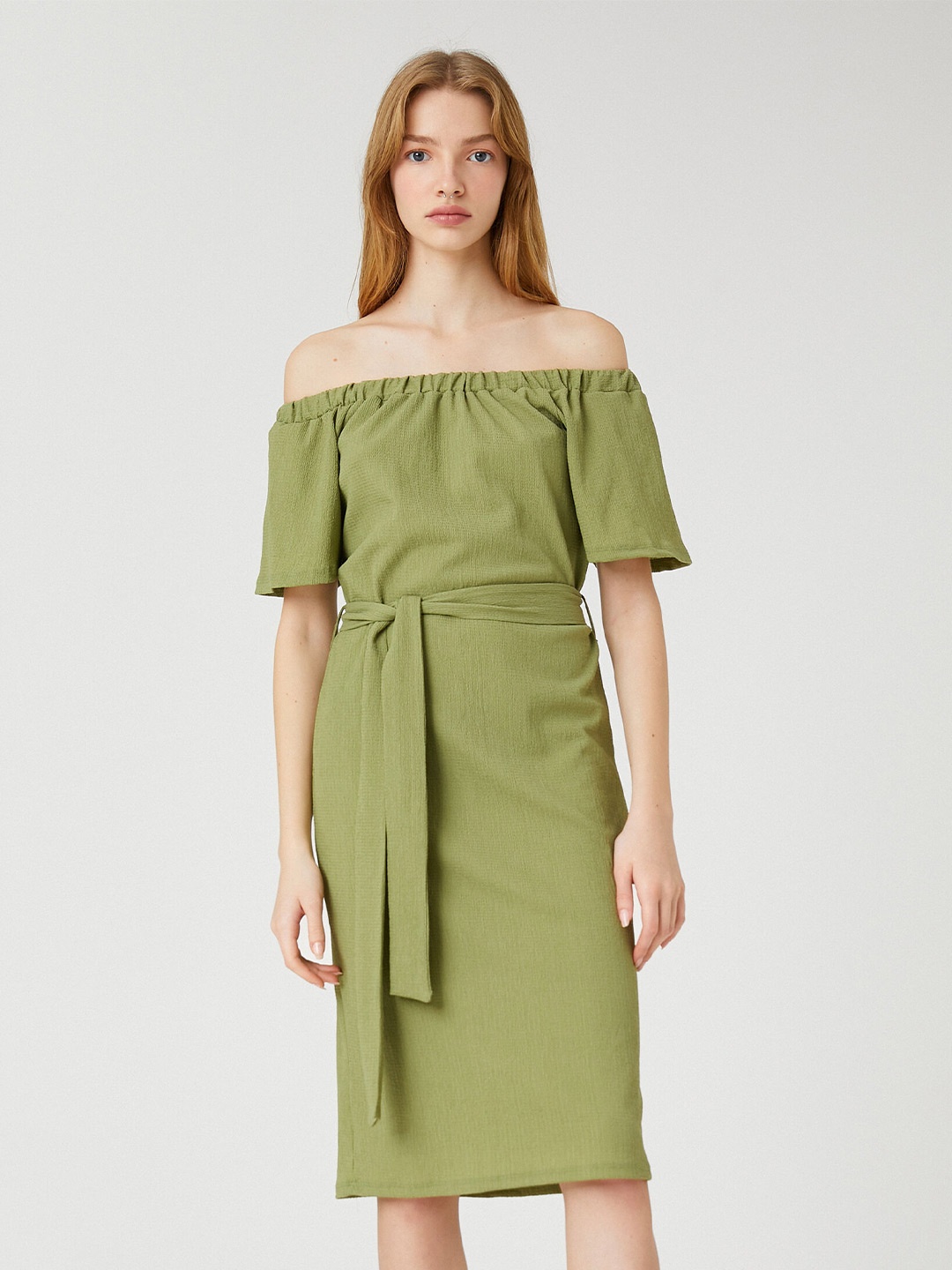 

Koton Off-Shoulder Belted Sheath Dress, Green