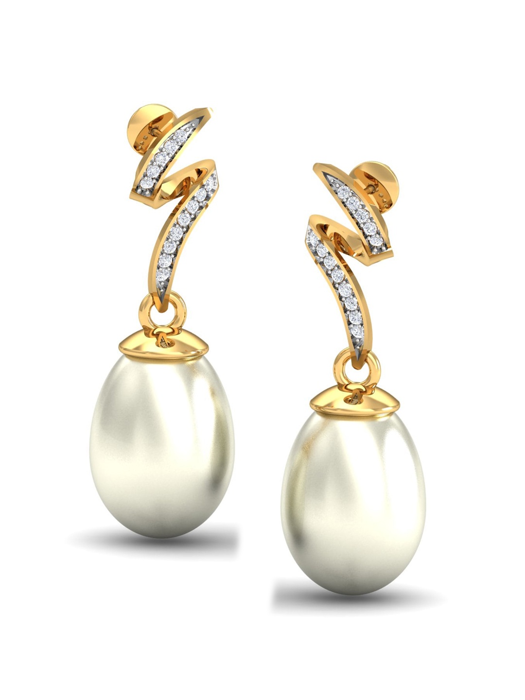 

KUBERBOX Bruit 18KT Gold Diamond Studded Pearl Dangle Earrings-2.71gm