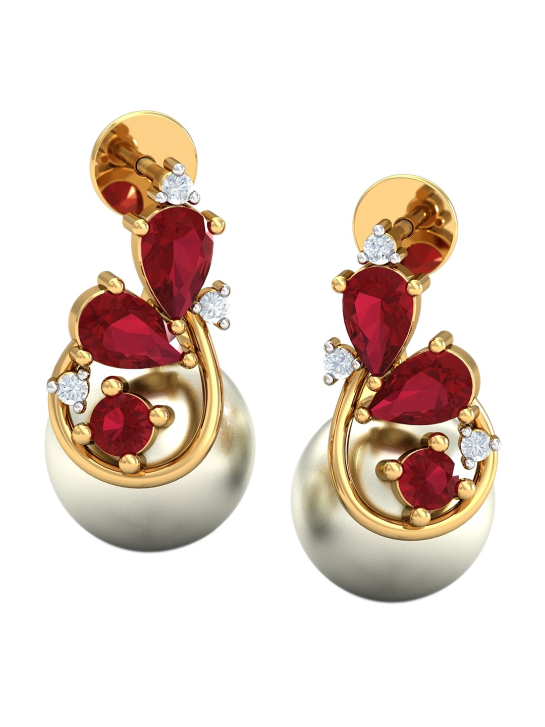 

KUBERBOX Augure 18KT Gold Diamond-Studded Ruby Pearl Earrings-3.14gm