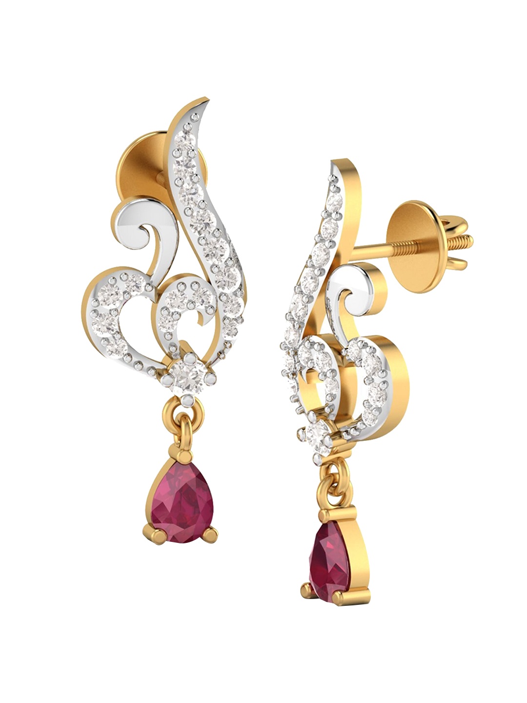 

KUBERBOX Aesthetic Stunner 18KT Gold Diamond Ruby Studded Drop Earrings-3.28gm