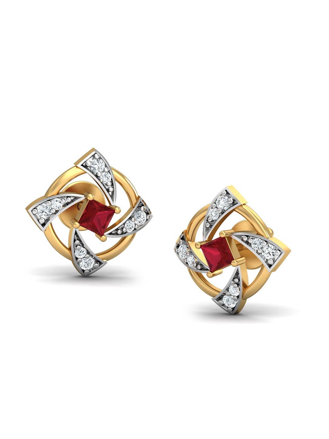 

KUBERBOX La Hlice 18KT Gold Diamond Ruby Studded Stud Earrings-3.23gm