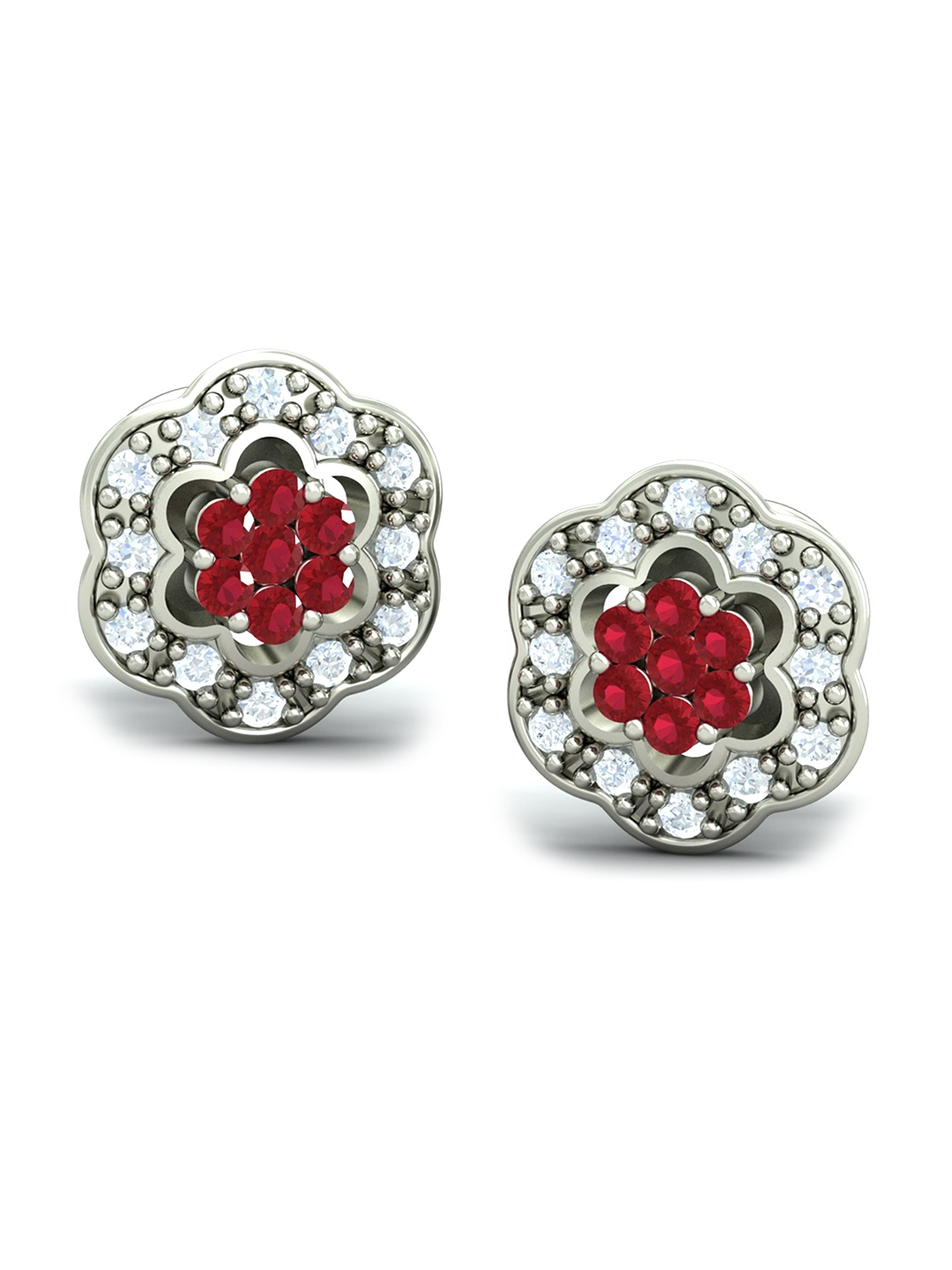 

KUBERBOX 18KT White Gold Diamond-Studded Ruby Poise Earrings-3.15g, Silver