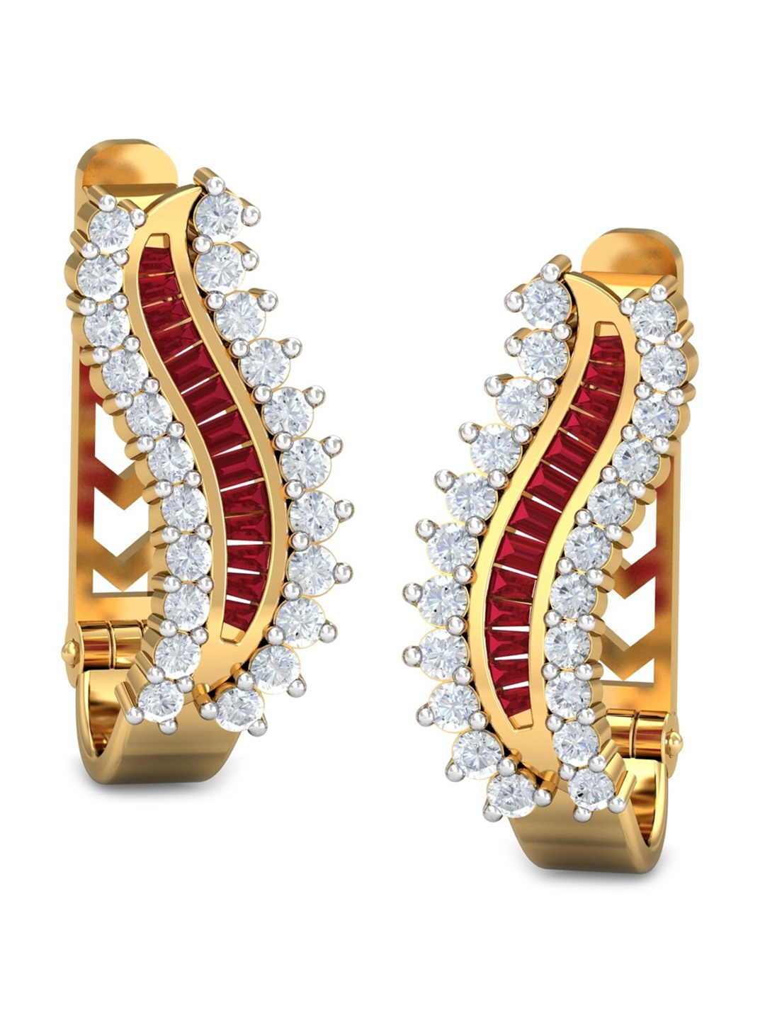 

KUBERBOX Artistic 18KT Gold Diamond Ruby Studded Hoop Earrings-3.69gm