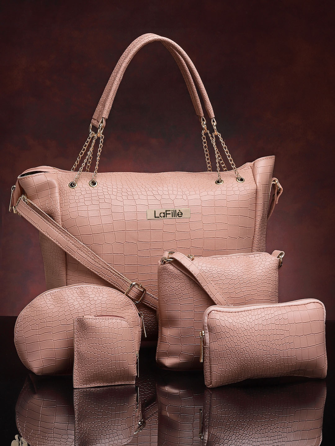 

LaFille Set Of 5 Textured Structured Handheld Bag, Peach