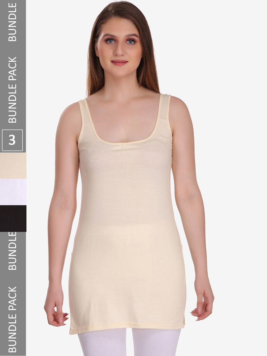 

College Girl Pack Of 3 Sleeveless Cotton Longline Camisoles, White