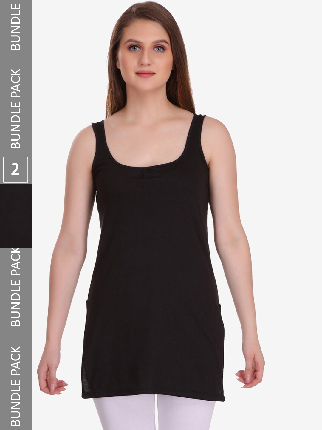 

College Girl Pack Of 2 Cotton Long Slip Camisoles, Black