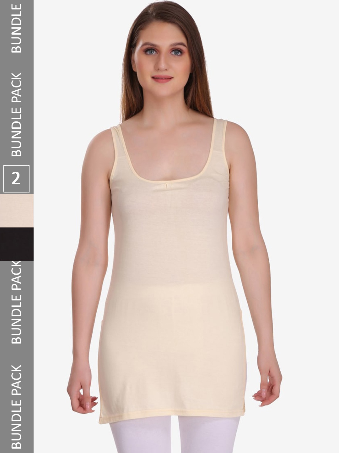 

College Girl Pack Of 2 Cotton Long Camisole, Beige