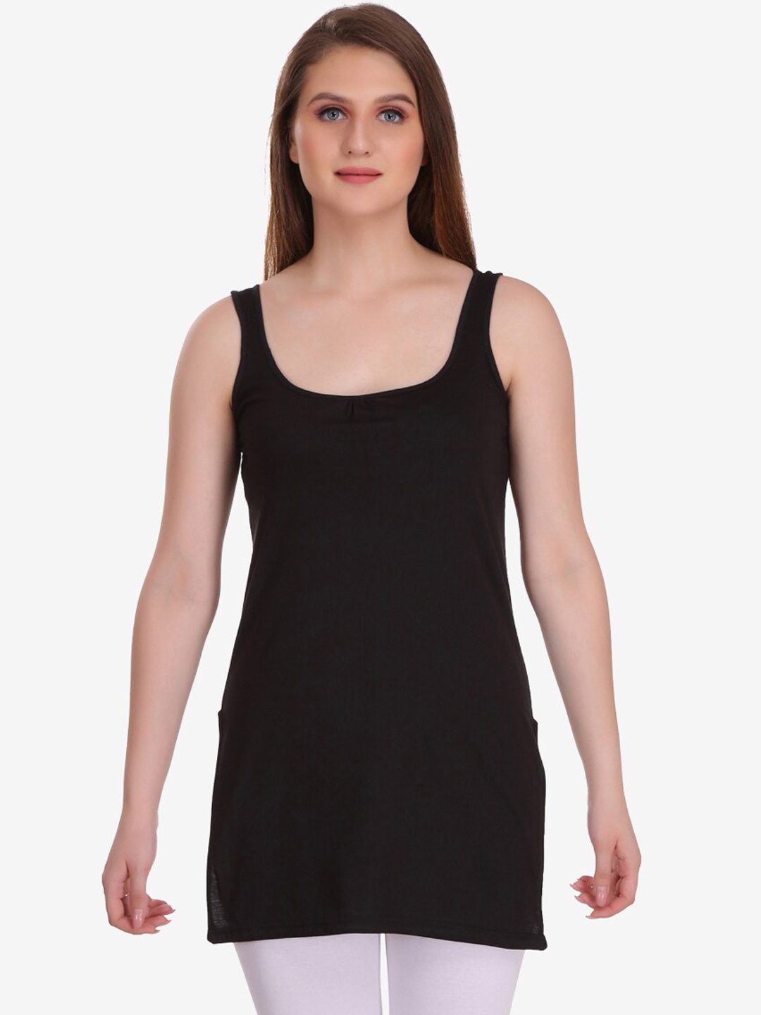 

College Girl Cotton Long Camisole, Black