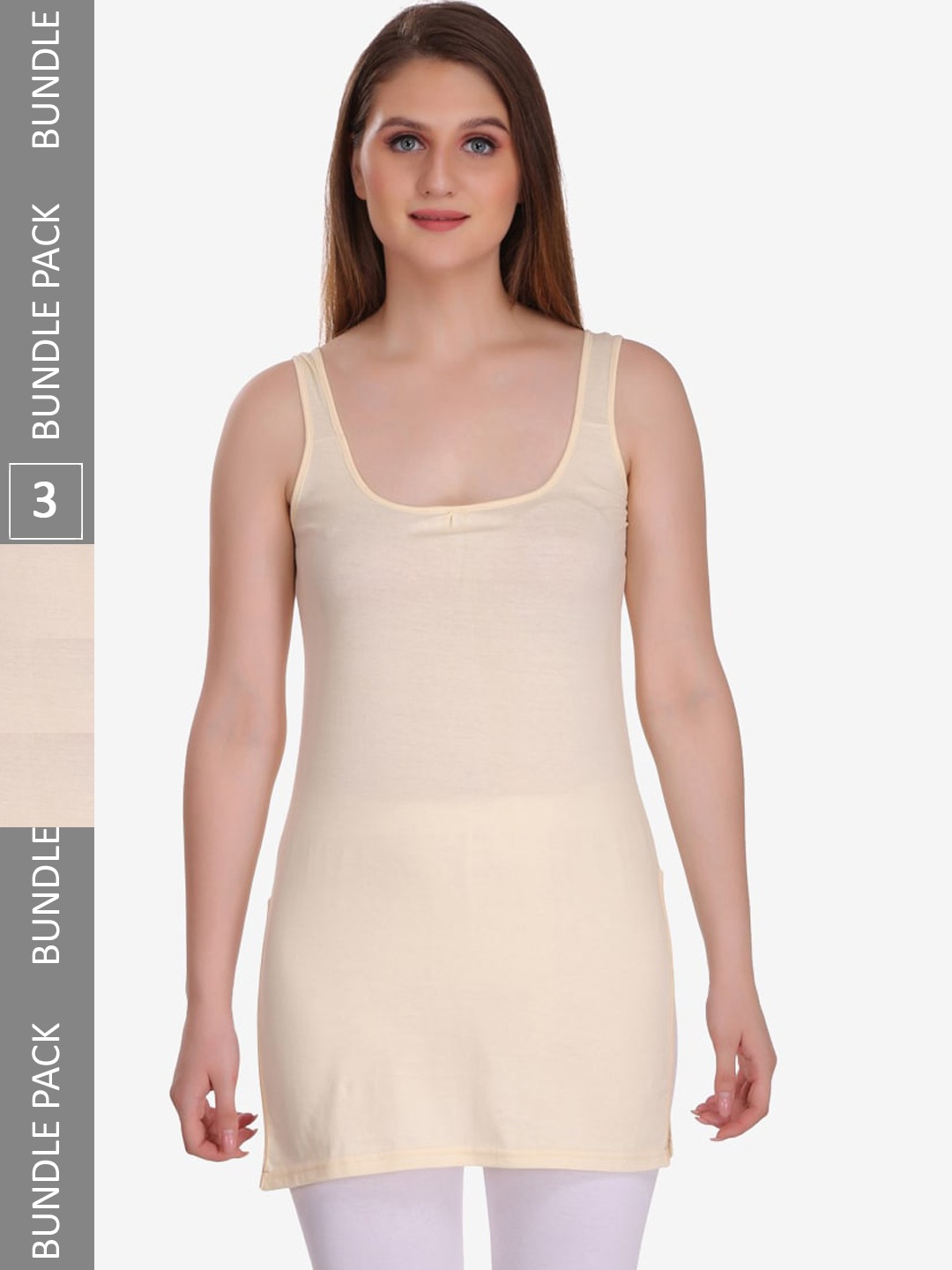 

College Girl Pack Of 3 Cotton Long Camisole, Beige