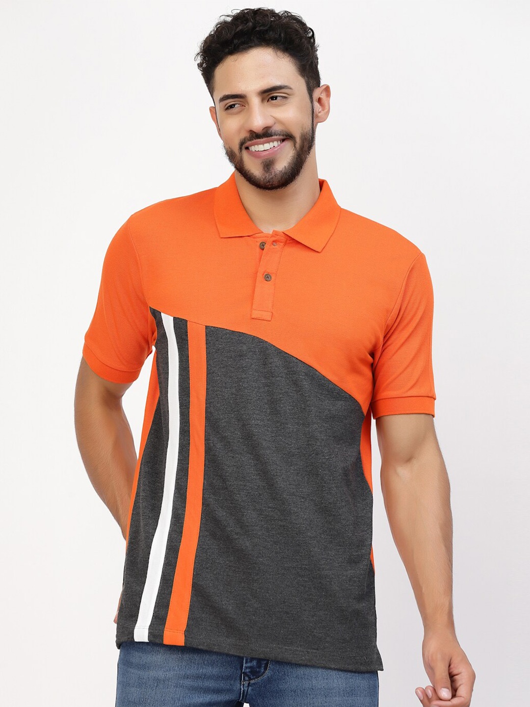 

Kalt Colourblocked & Striped Polo Collar T-shirt, Orange