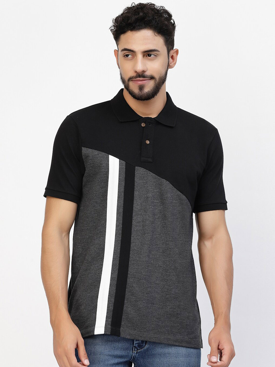 

Kalt Colourblocked & Striped Polo Collar T-shirt, Grey melange