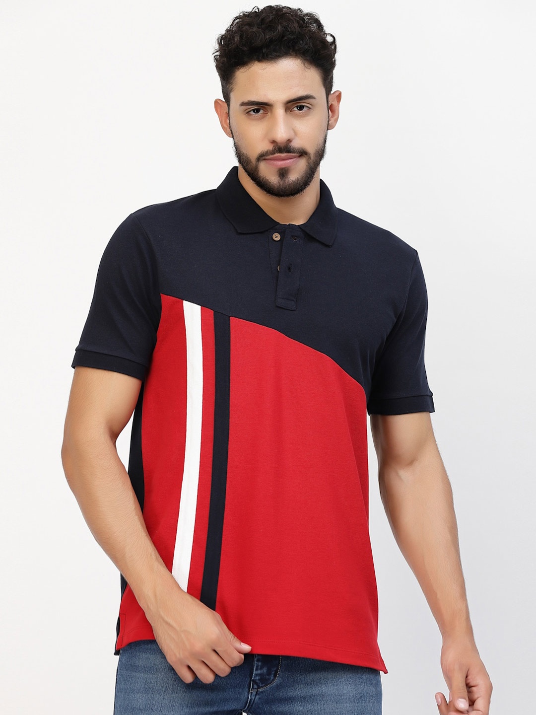 

Kalt Colourblocked & Striped Polo Collar T-shirt, Red