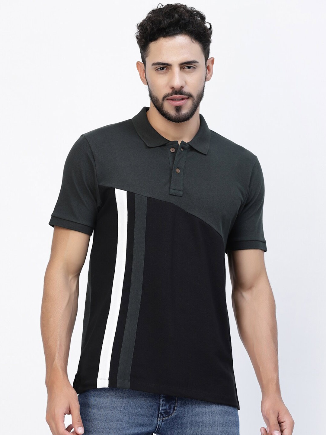 

Kalt Striped Polo Collar T-shirt, Black