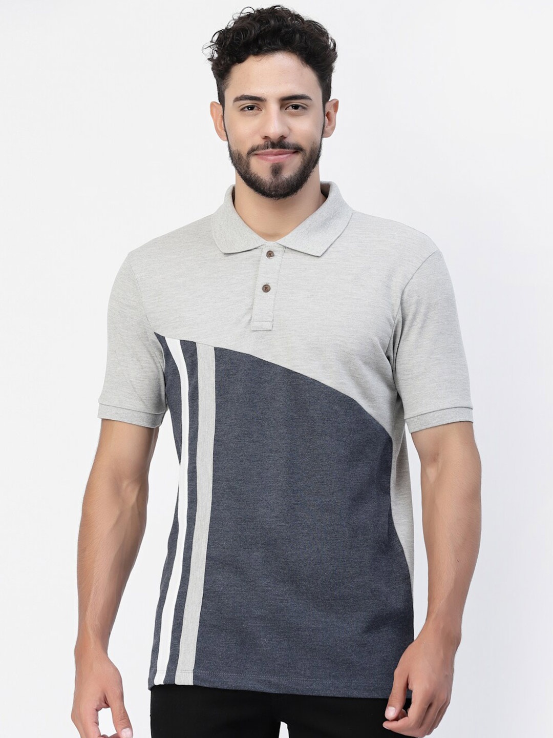 

Kalt Colourblocked & Striped Polo Collar T-shirt, Blue