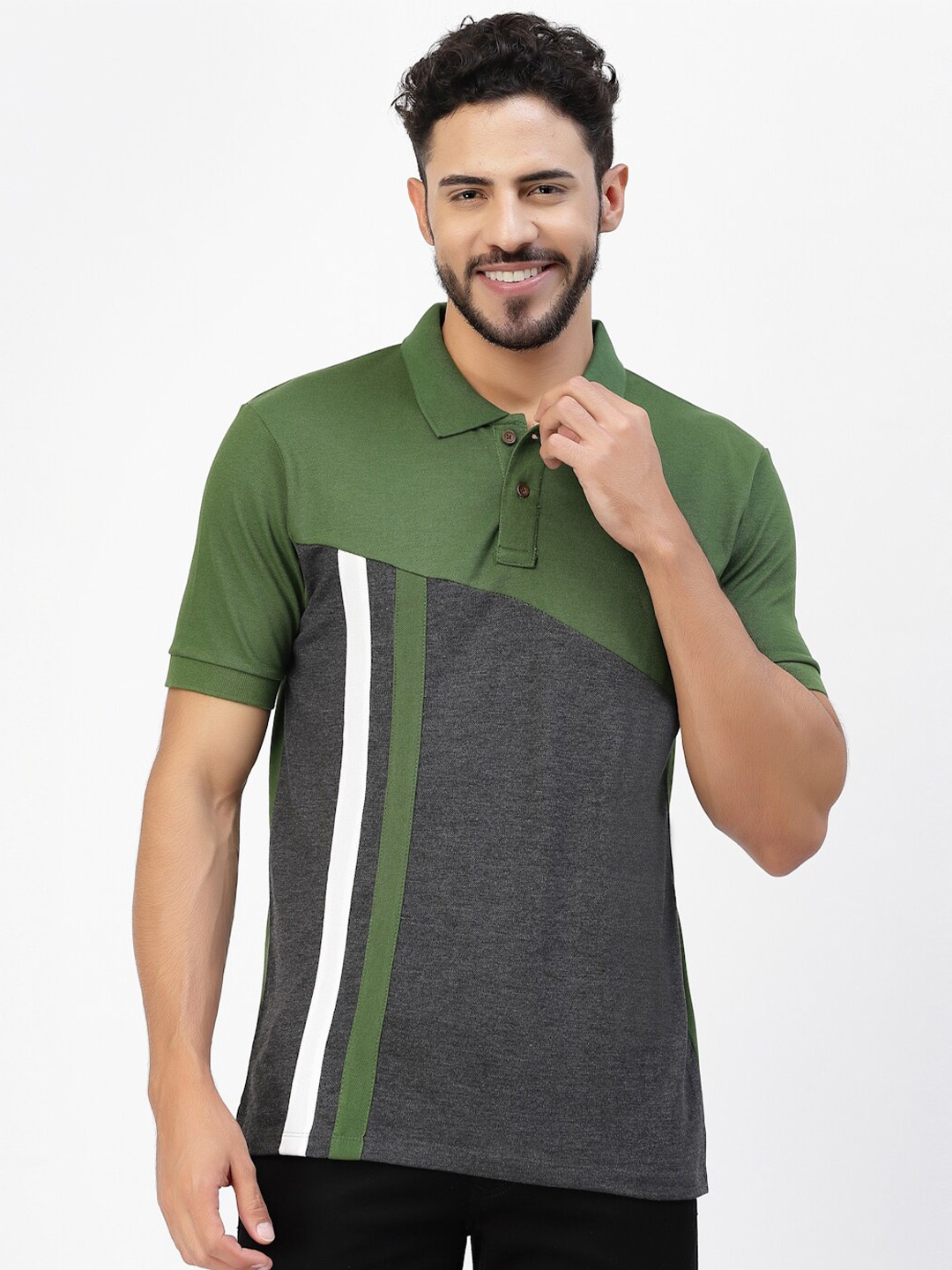 

Kalt Colourblocked & Striped Polo Collar T-shirt, Green