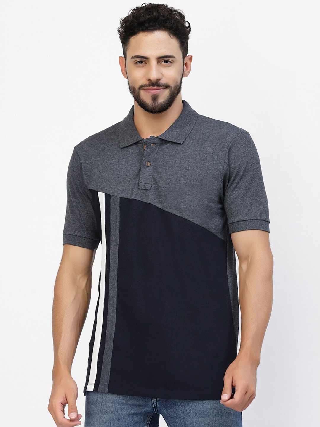 

Kalt Colourblocked & Striped Polo Collar T-shirt, Navy blue