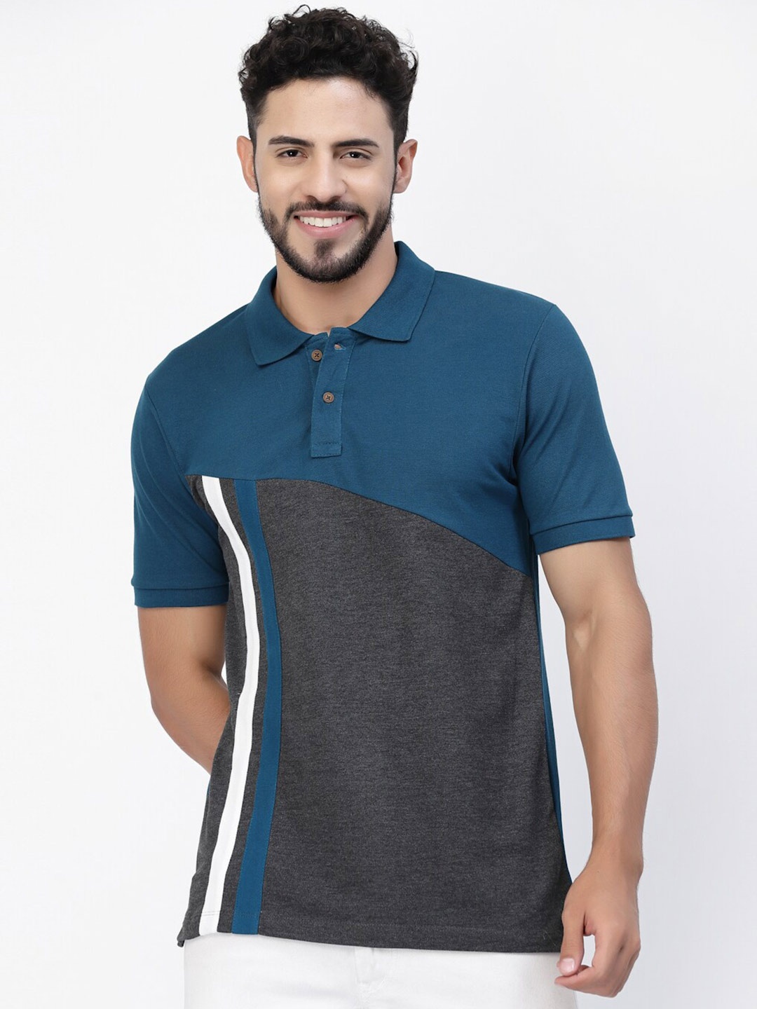 

Kalt Colourblocked & Striped Polo Collar T-shirt, Grey