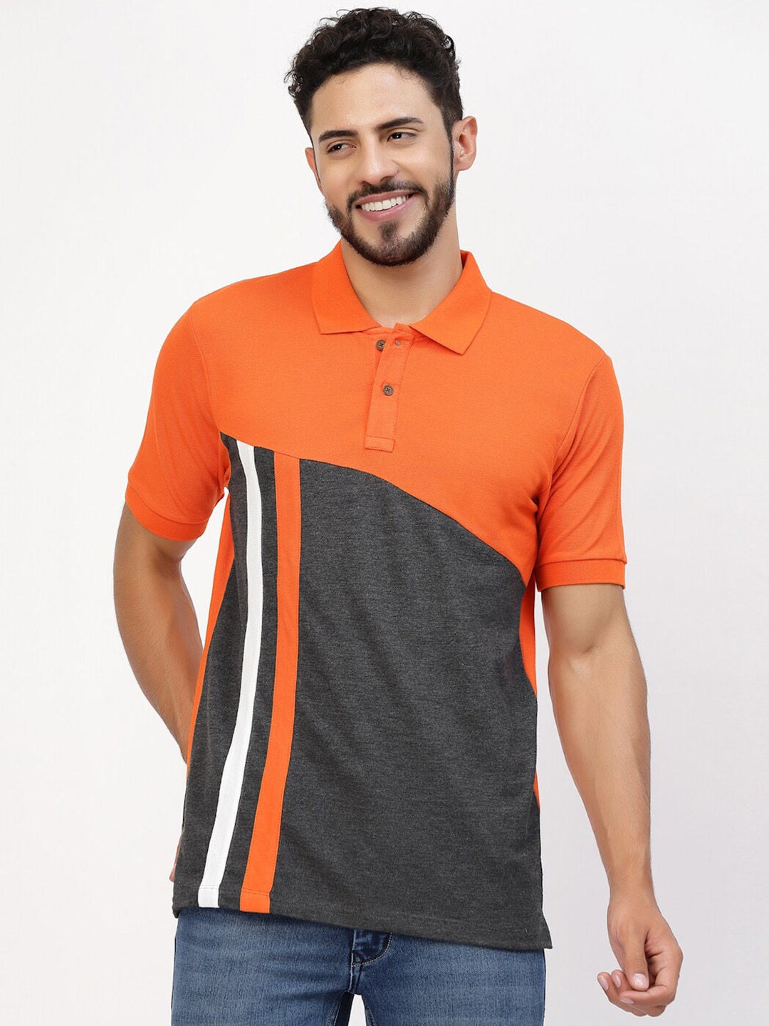 

Kalt Colourblocked & Striped Polo Collar T-shirt, Orange