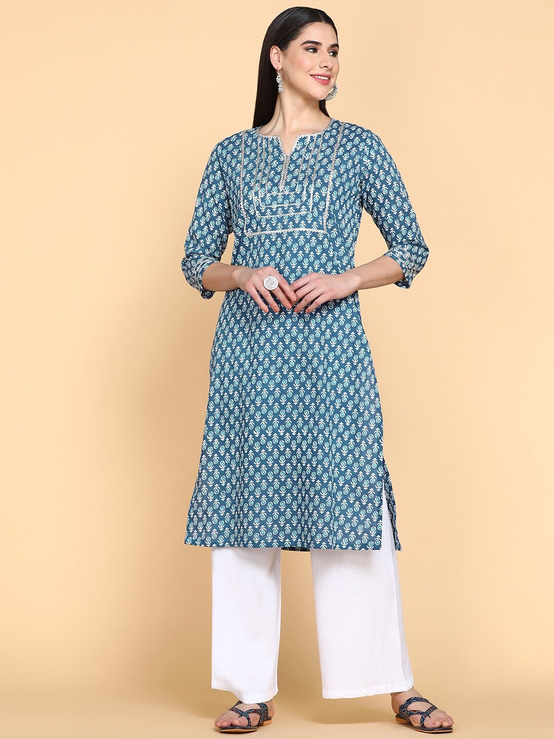 

aturabi Ethnic Motifs Printed Gotta Patti Straight Pure Cotton Kurta, Blue