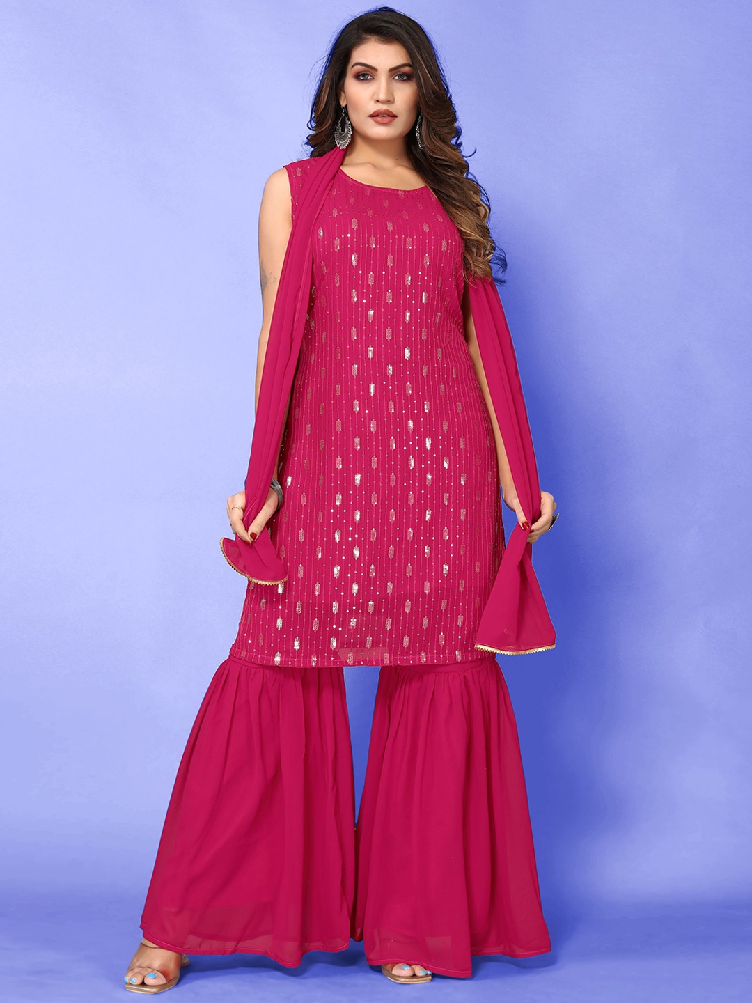 

Happy Design Ethnic Motifs Embroidered Regular Kurta with Sharara & Dupatta, Magenta