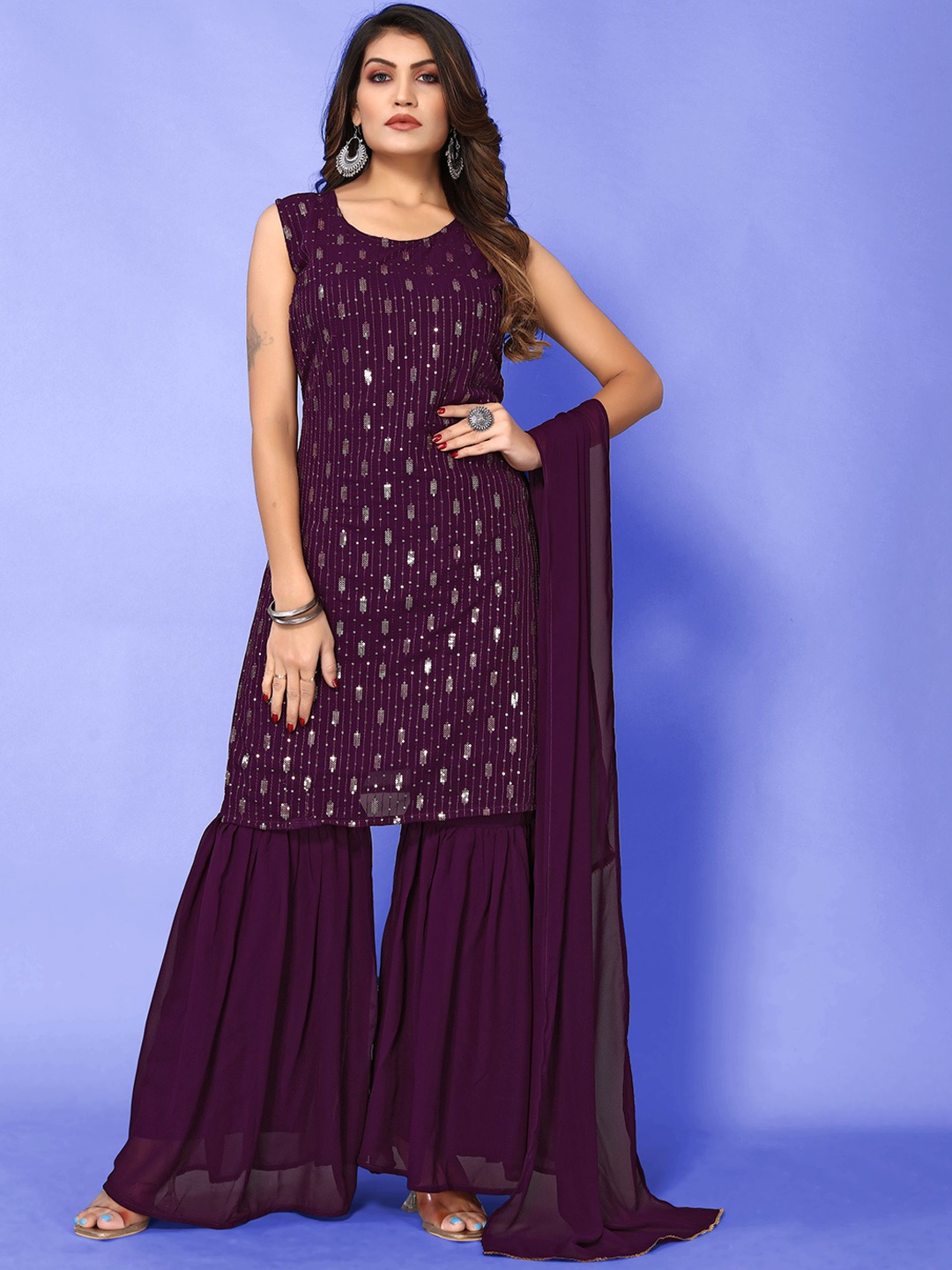 

Happy Design Sequinned Embellished Kurta With Sharara & With Dupatta, Purple