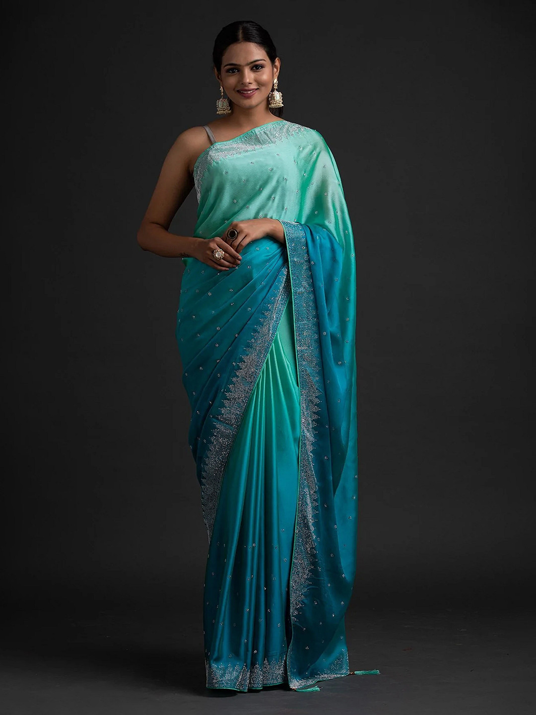 

Trendmalls Embellished Beads and Stones Saree, Turquoise blue