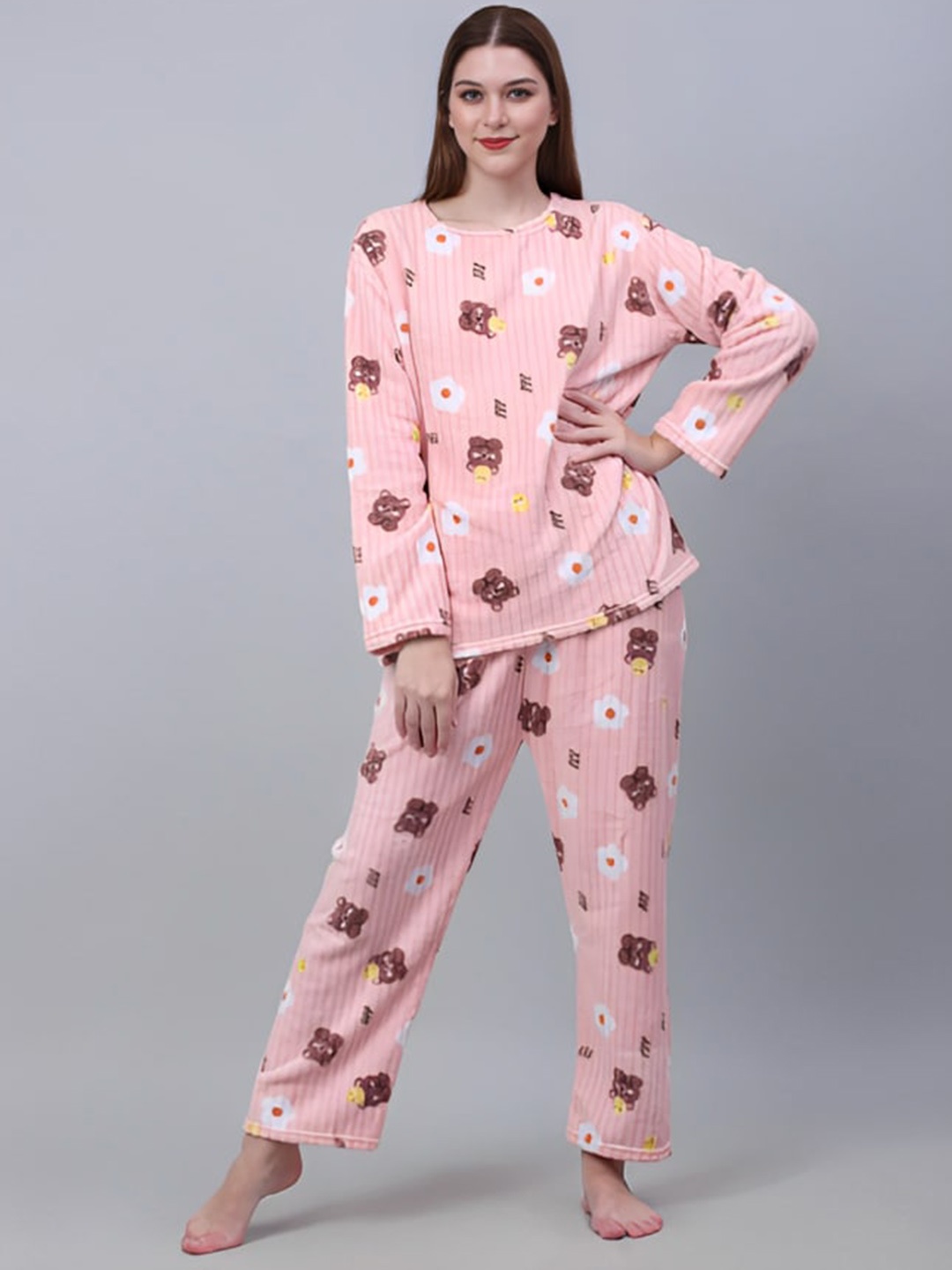 

Lugo Conversational Printed Long Sleeve Night suit, Peach