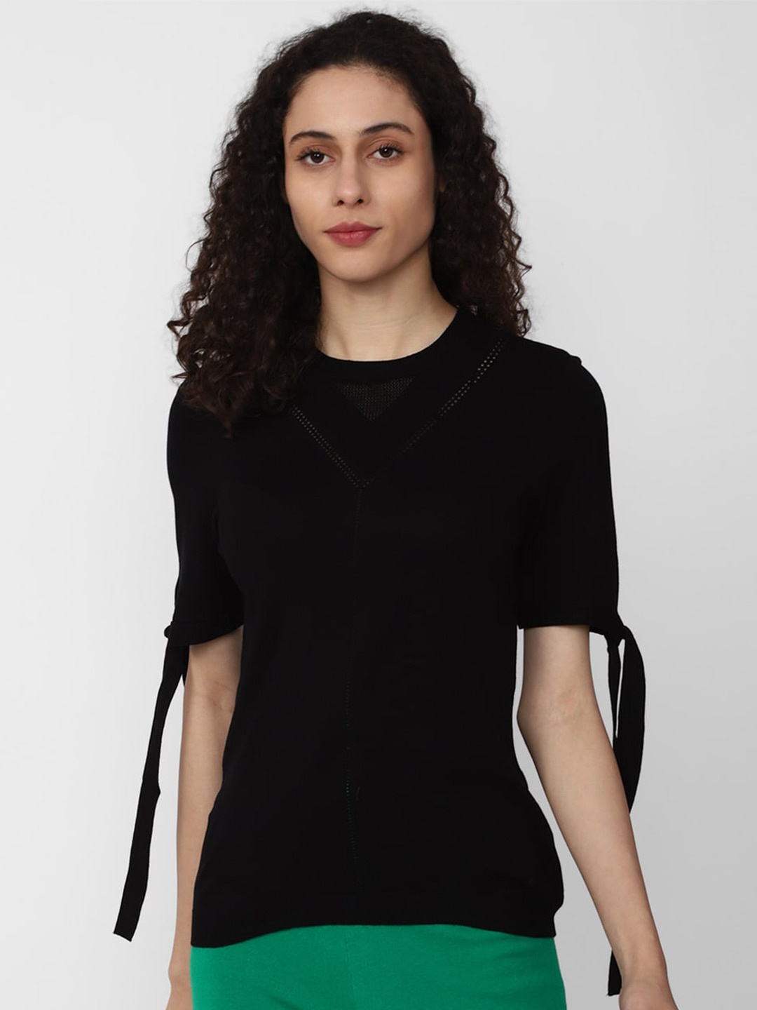 

Van Heusen Woman Round Neck Tie-Up Top, Black