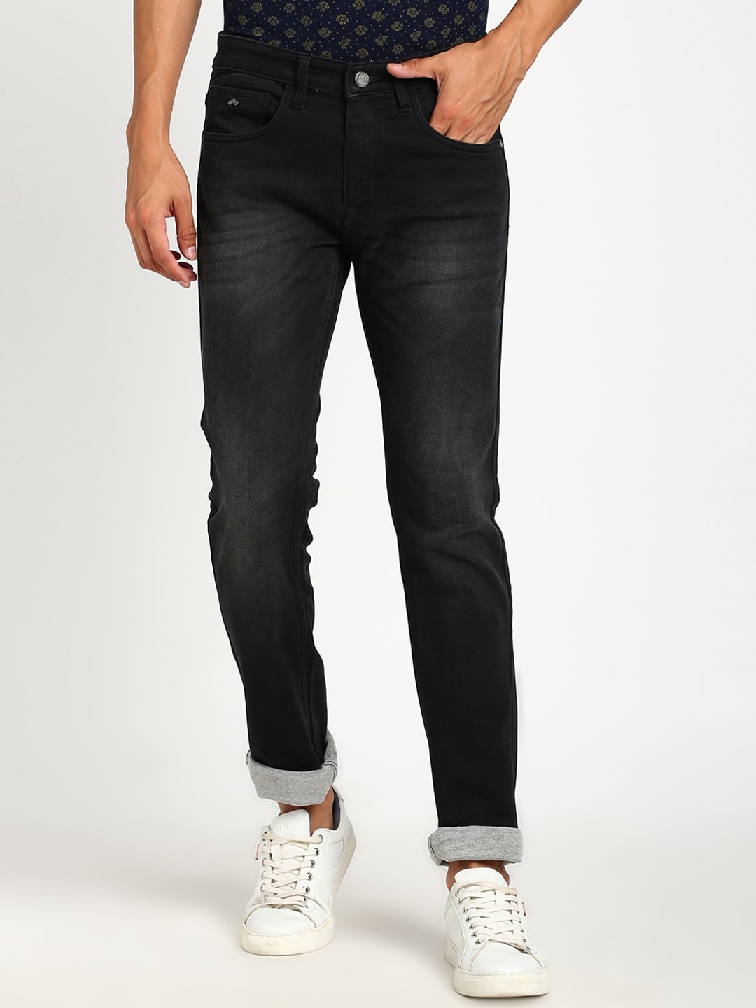 

Turtle Men Narrow Tapered Fit Clean Look Light Fade Stretchable Whiskers Pure Cotton Jeans, Grey