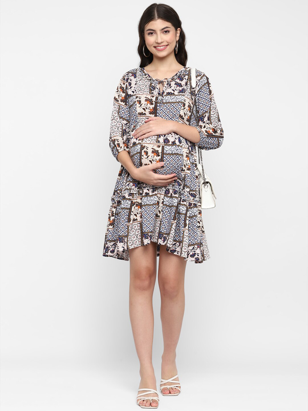 

Momsoon Maternity Floral Printed Tie-Up Neck Maternity A-Line Dress, White