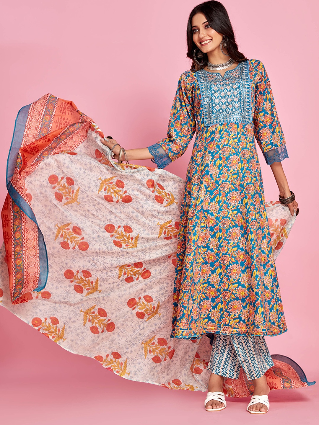 

Sangria Blue Floral Printed Thread Work A-Line Kurta & Trouser With Dupatta