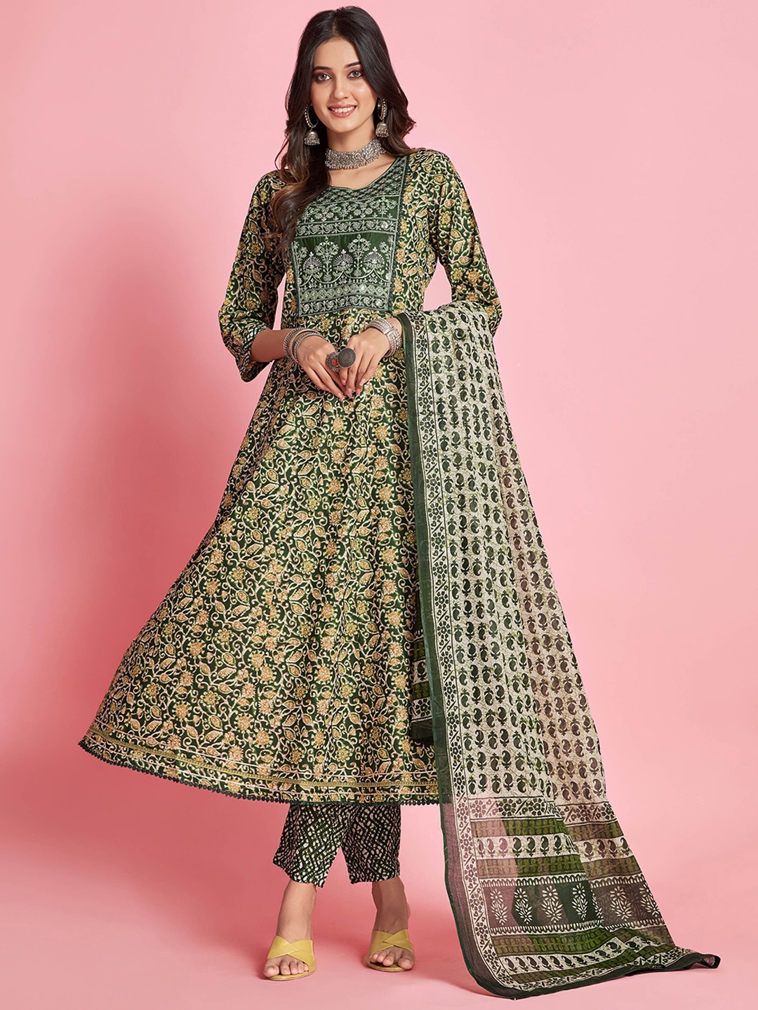 

Sangria Green Floral Printed Thread Work A-Line Kurta & Trouser With Dupatta