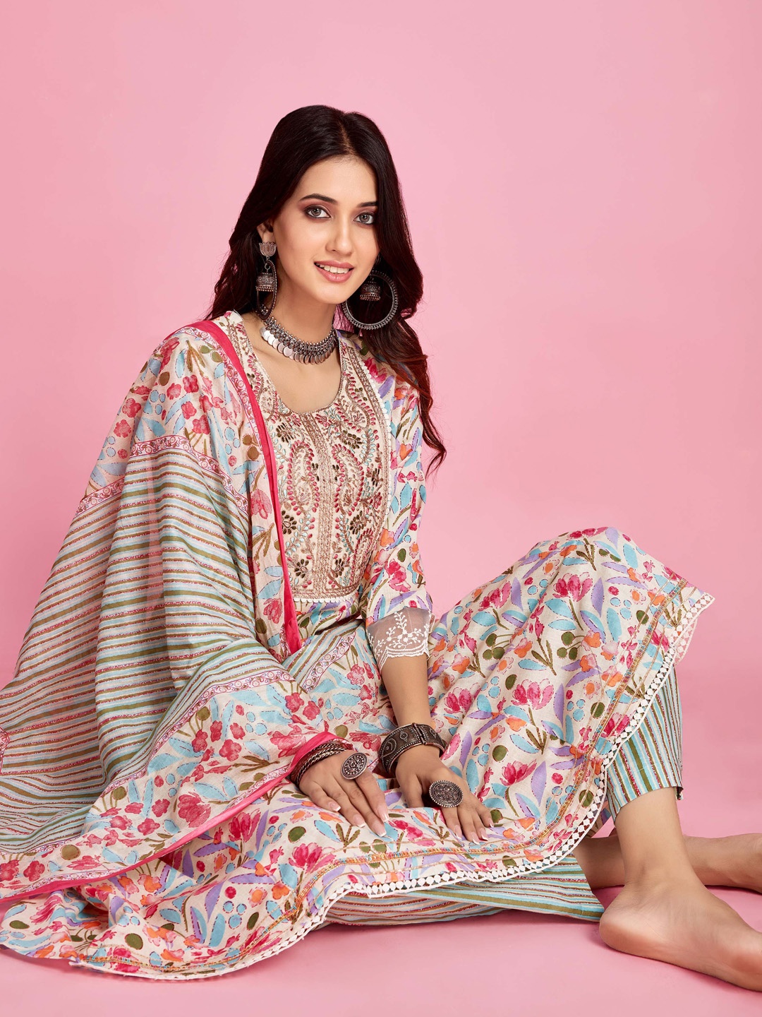 

Sangria Off-White Floral Printed Thread Work A-Line Kurta & Trouser With Dupatta