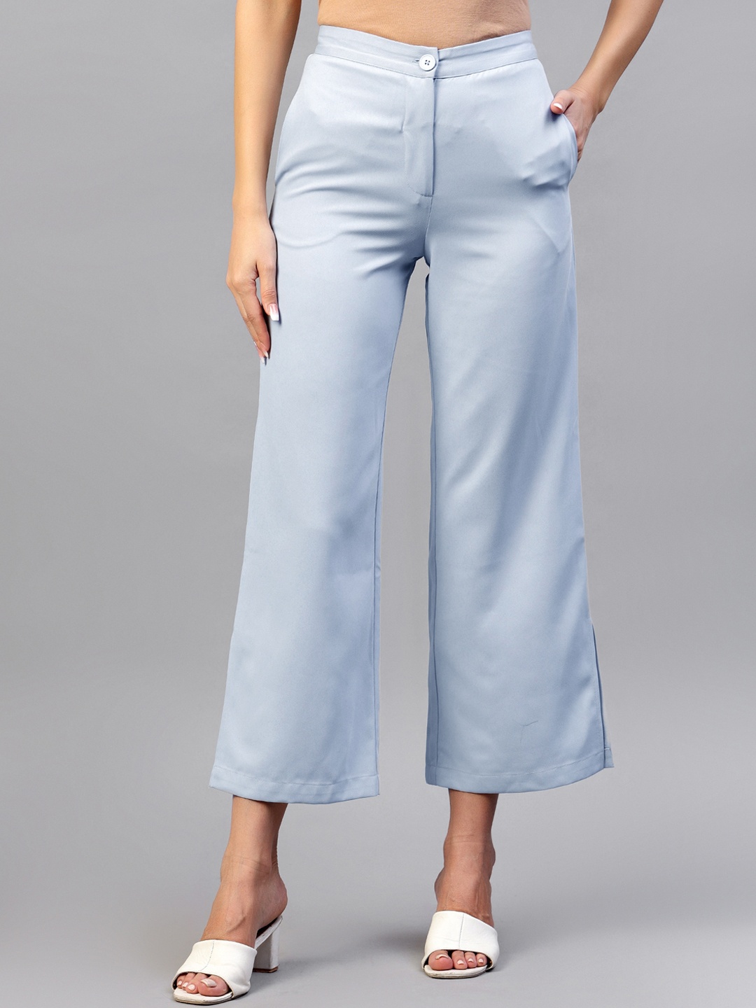 

Hencemade Women High-Rise Plain Relaxed Fit Side Slits Cropped Parallel Trousers, Blue