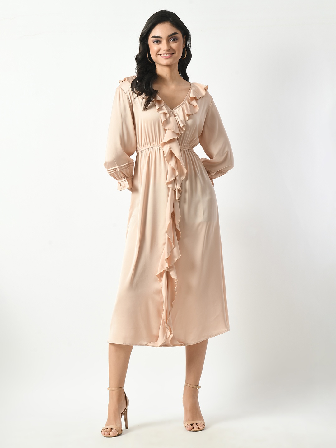 

Hencemade V-Neck Ruffled A-Line Satin Midi Dress, Pink