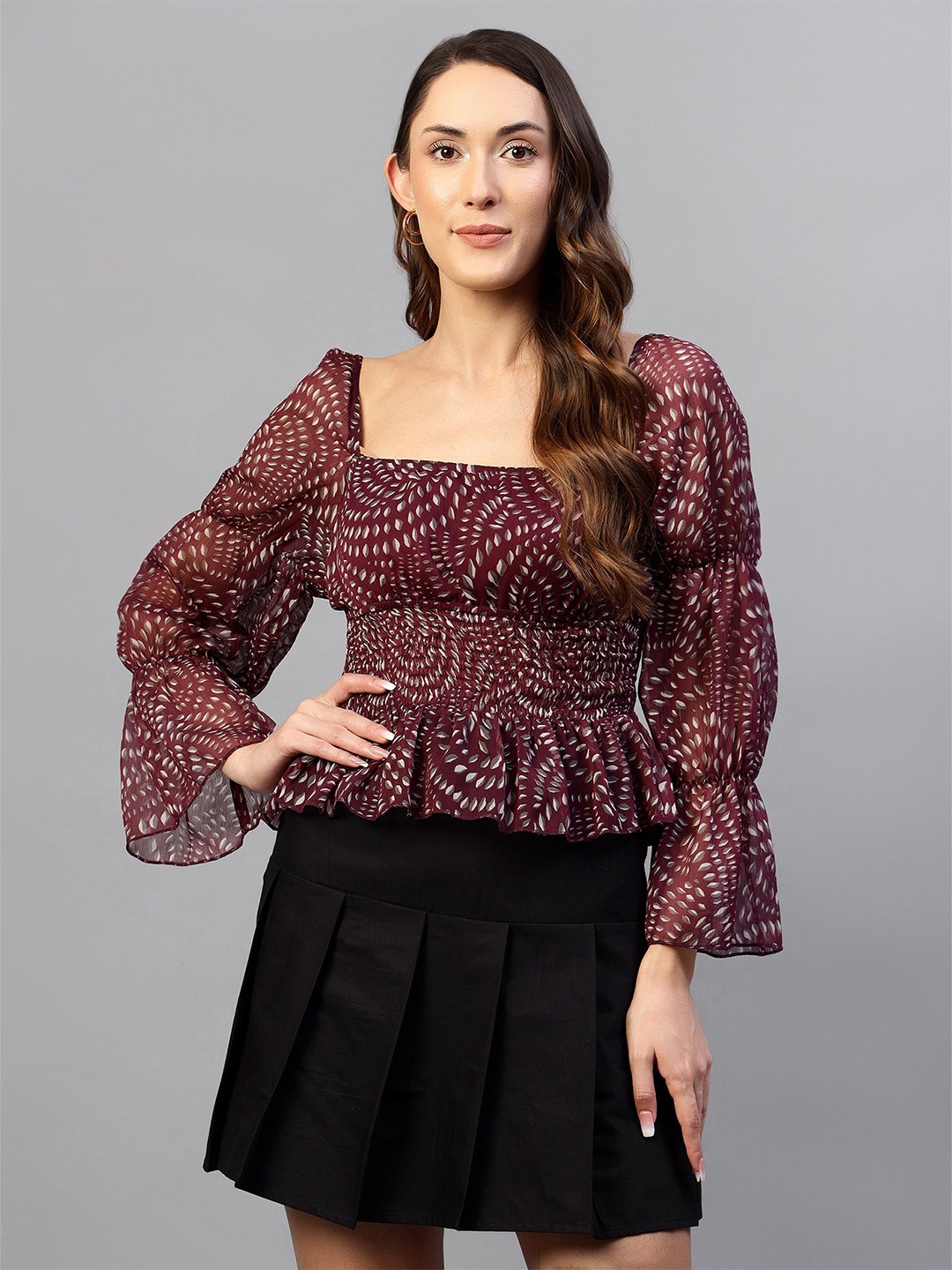

Hencemade Abstract Printed Square Neck Bell Sleeves Cinched Waist Top, Magenta